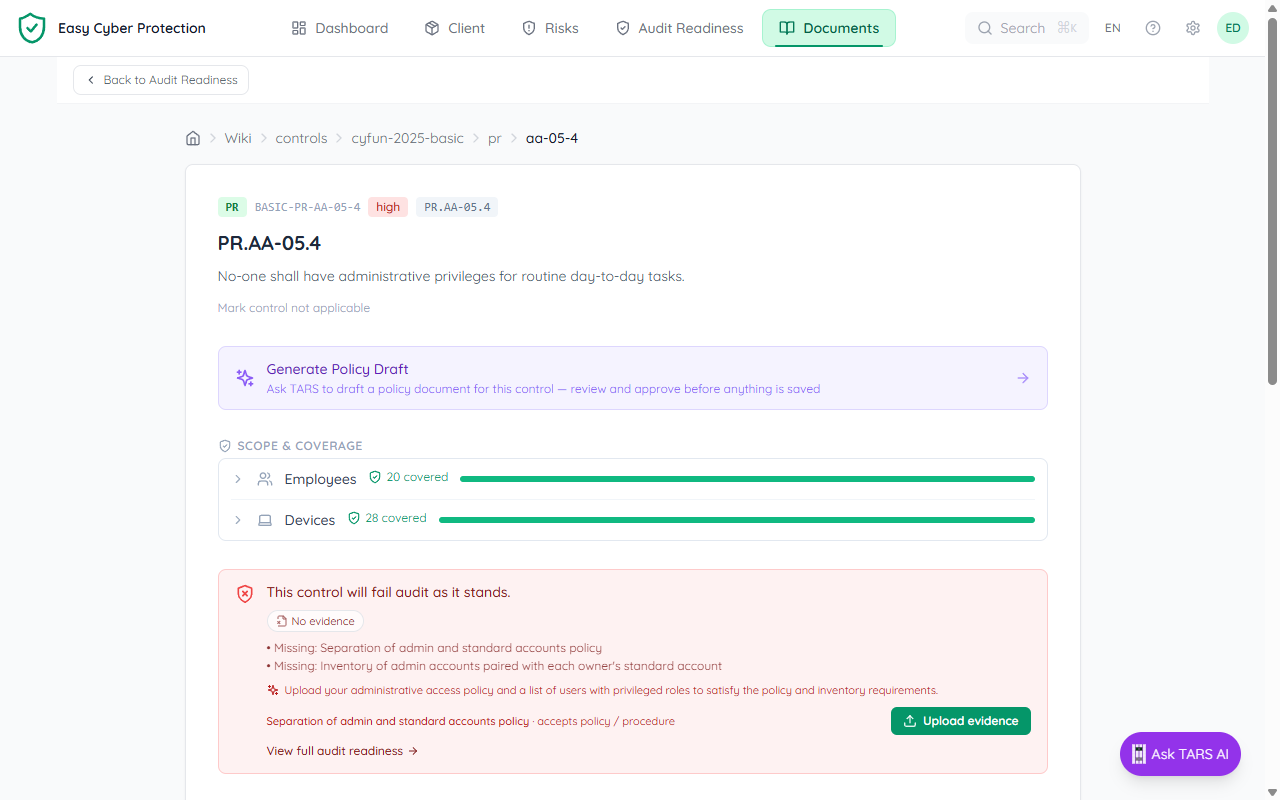 Control page showing the 'Generate Policy Draft' button as a purple card with sparkle icon below the control description