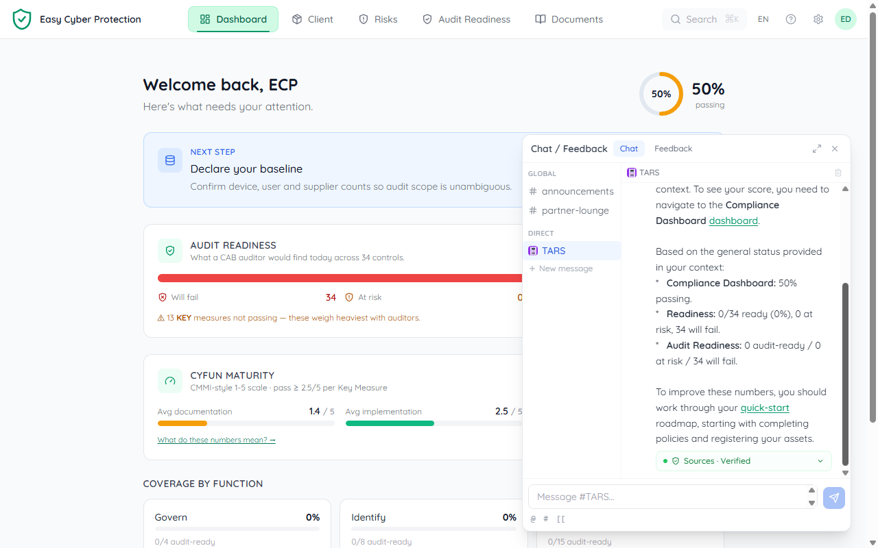 TARS answering a compliance-status question with the live readiness numbers and clickable links to the dashboard and quick-start roadmap