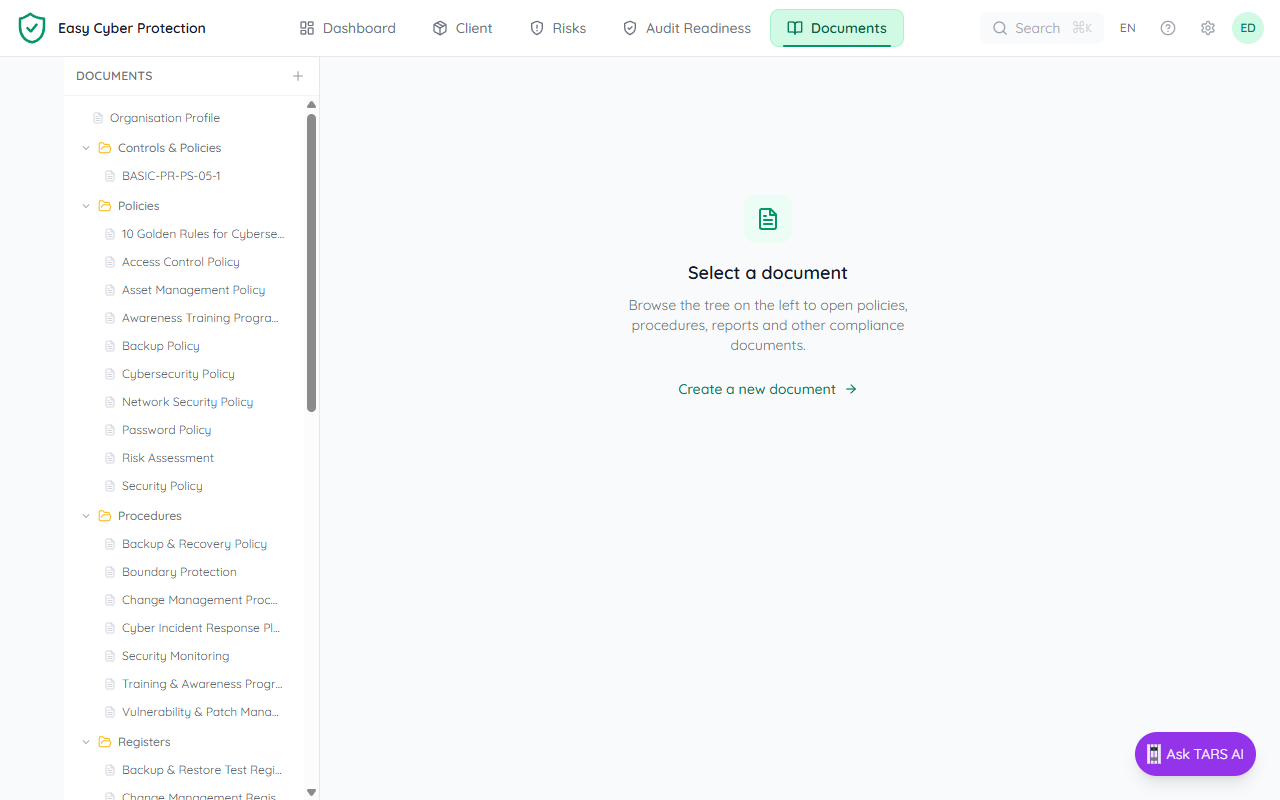 Documents tab with sidebar tree showing DOCUMENTS label, New document button, Organisation Profile row, then collapsible folders Policies, Procedures, Registers, Reports, Intake and Assessments, Plans, Assessments, Getting Started, Governance, Integrations — each expanded showing their pages