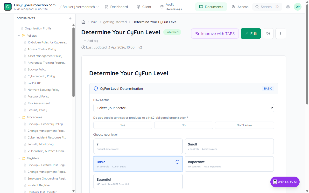 CyFun Level Assessment document showing sector dropdown, supply chain question, and tier selection buttons (Small, Basic, Important, Essential)
