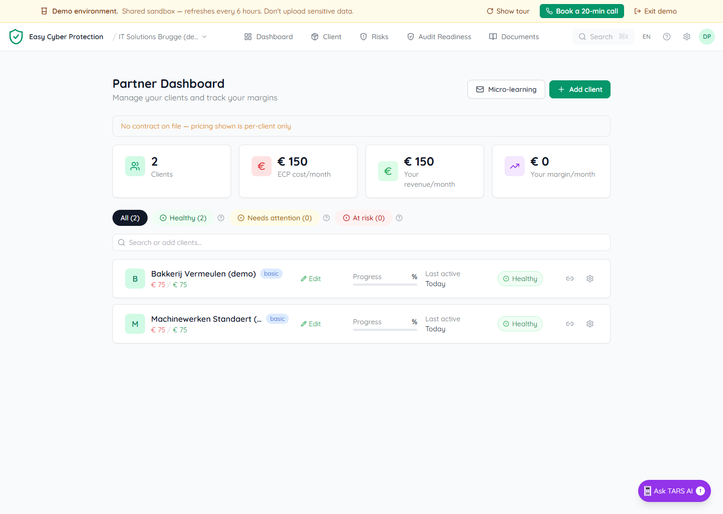 Partner Dashboard showing 5 clients, ECP cost per month €125, your revenue per month €50 (1 of 5 priced), your margin per month €-75, health-bucket toggles All (5) / Healthy (4) / Needs attention (0) / At risk (1), search bar, and client rows each with progress percentage, last-active label, and health badge